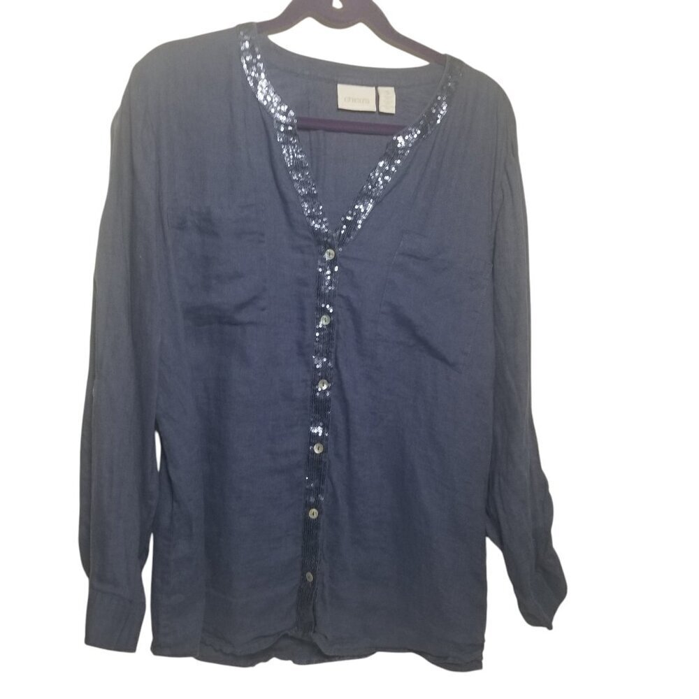 Chico's Women's Linen Navy Sequin Trim Crochet Back Accent Sz 3 US XL